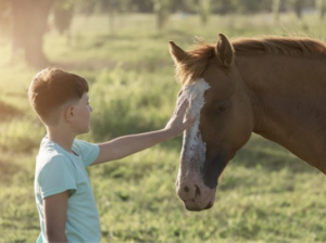 egy gyerek gyerek egy lóval a lovaglás előtt