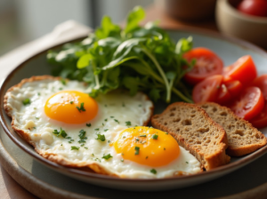 egészséges étel, tükörtojással benne koleszterinnel